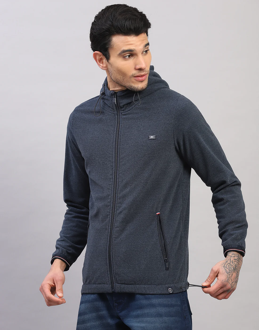 Men Blue Solid Hooded Full Sleeve Sweatshirt - Image 2