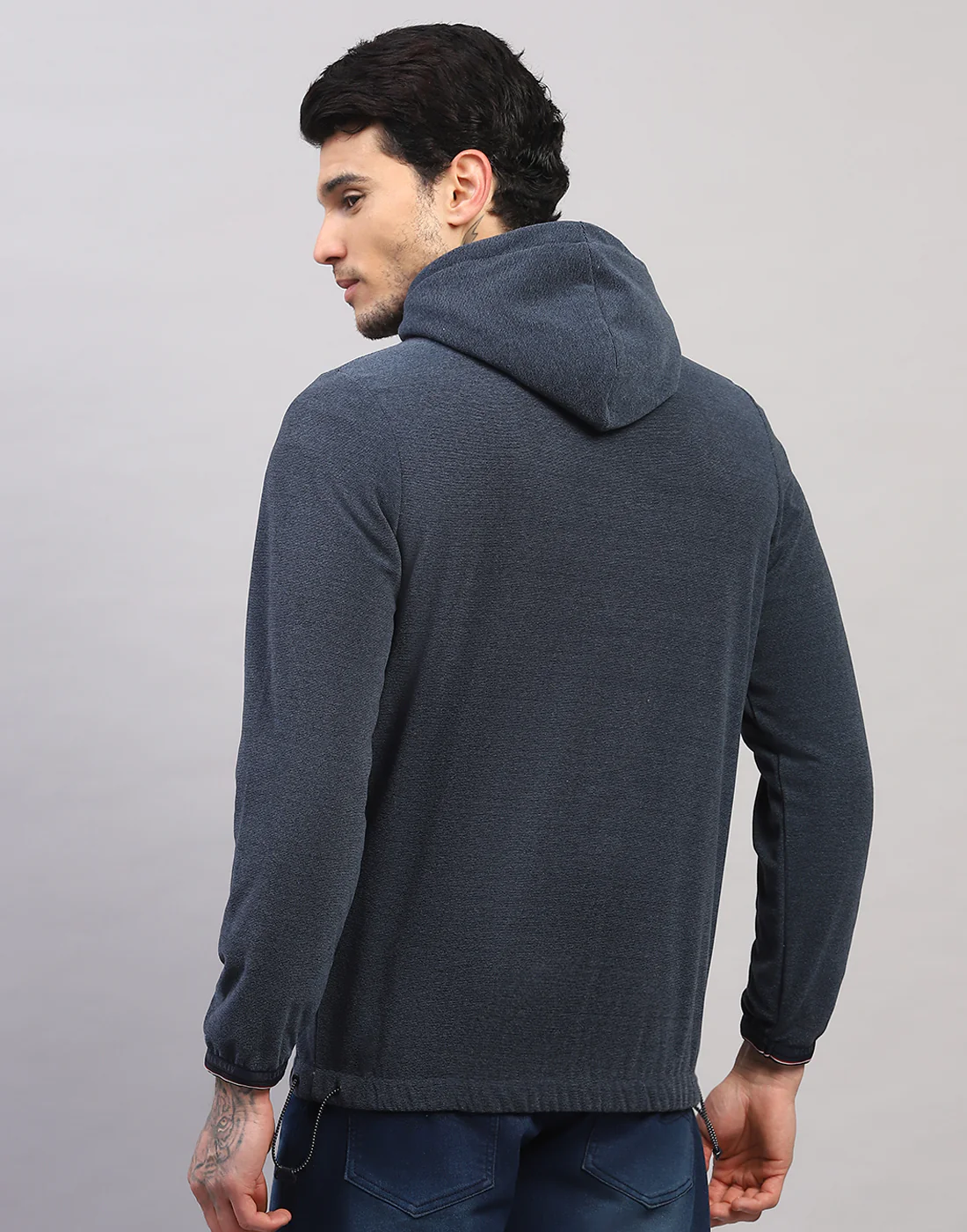 Men Blue Solid Hooded Full Sleeve Sweatshirt - Image 4