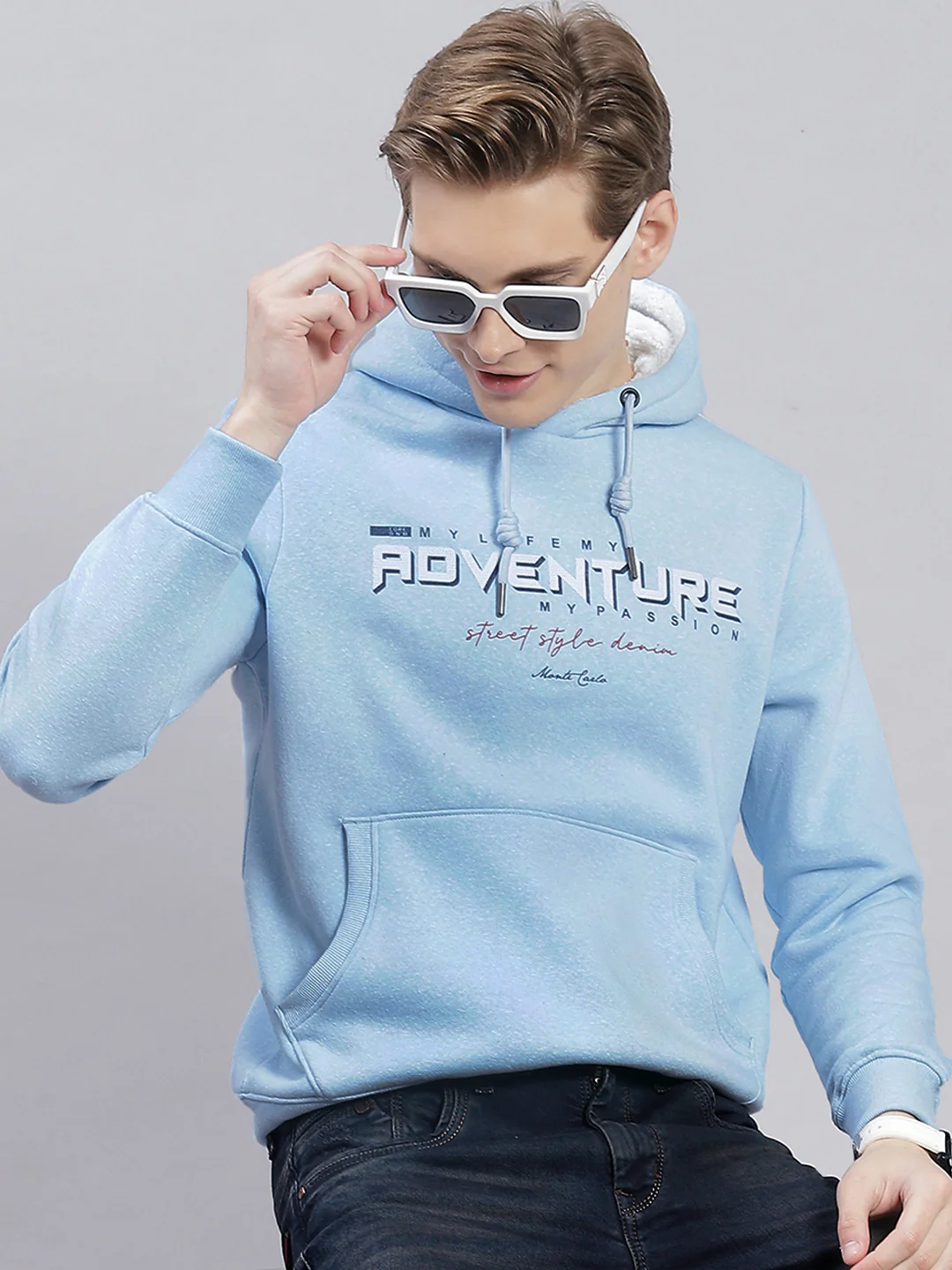 Men Blue Solid Hooded Full Sleeve Sweatshirts - Image 2