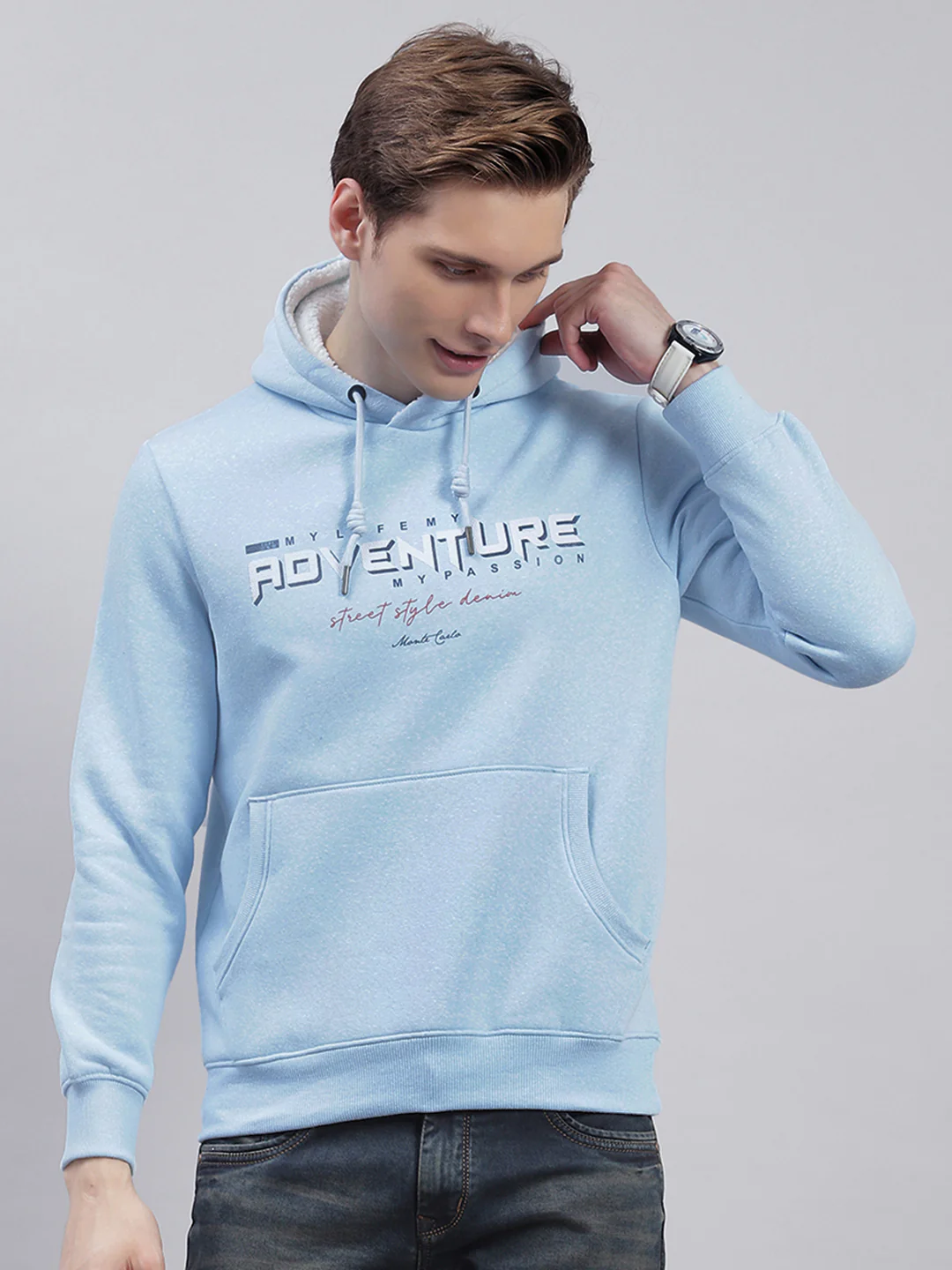 Men Blue Solid Hooded Full Sleeve Sweatshirts - Image 3
