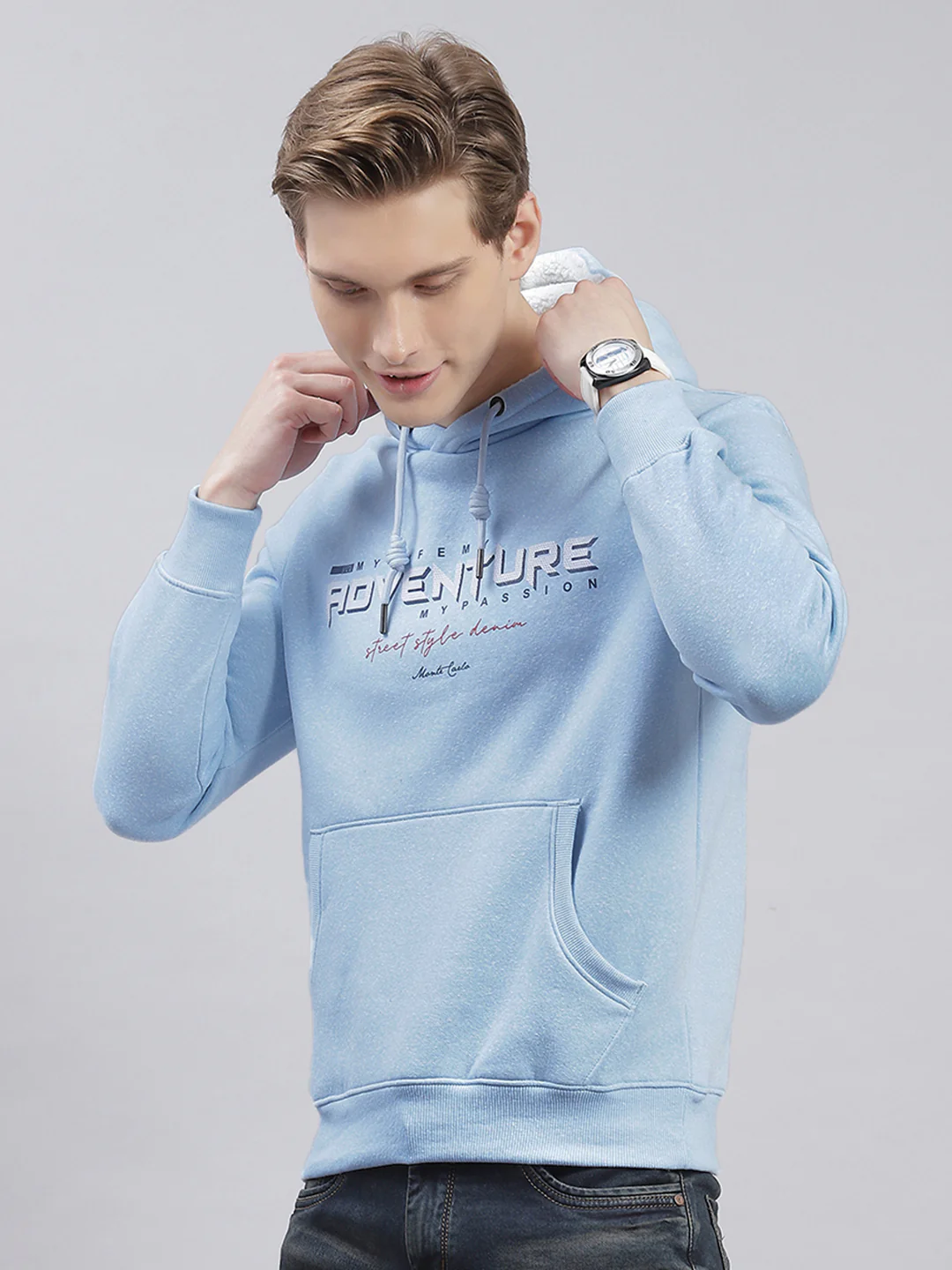 Men Blue Solid Hooded Full Sleeve Sweatshirts - Image 4