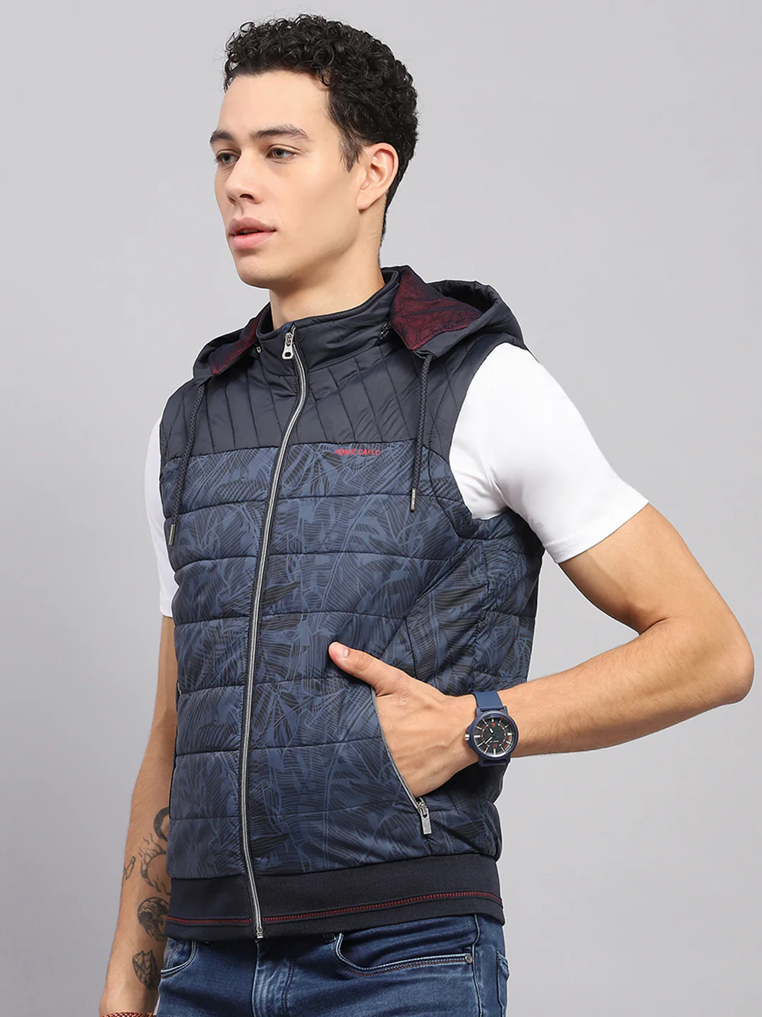 Men Blue Solid Hooded Sleeveless Jacket - Image 3