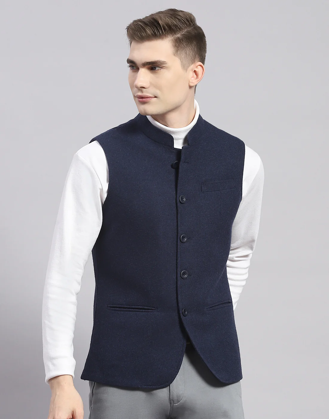 Men Blue Solid Mandarin Collar Sleeveless Nehru Jacket - Image 2