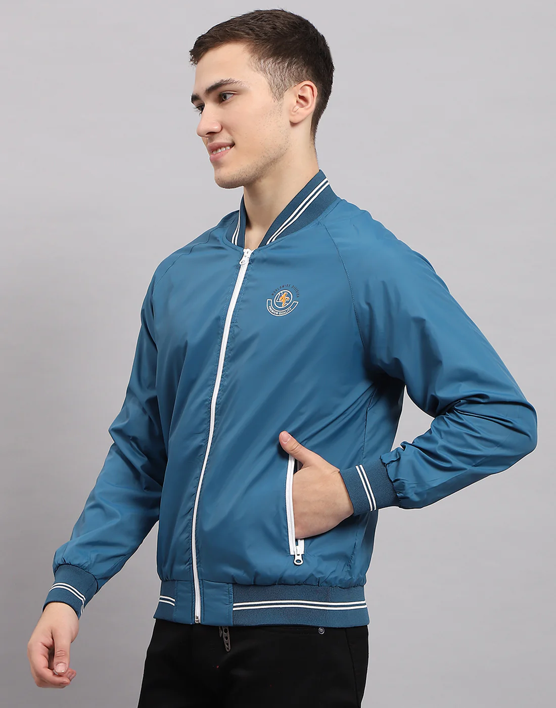 Men Blue Solid Mock Neck Full Sleeve Jacket - Image 3