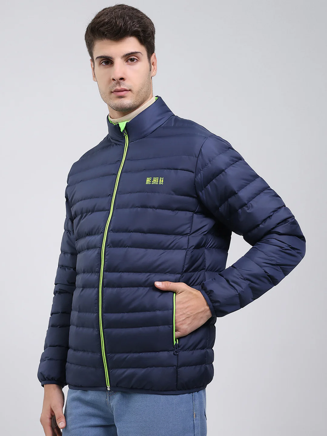 Men Blue Solid Mock Neck Full Sleeve Jacket - Image 3