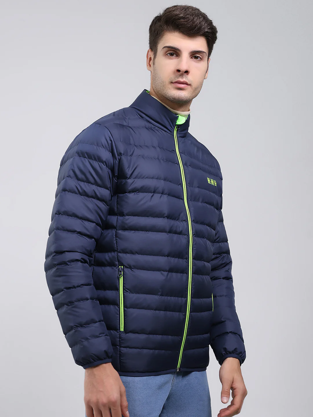 Men Blue Solid Mock Neck Full Sleeve Jacket - Image 4