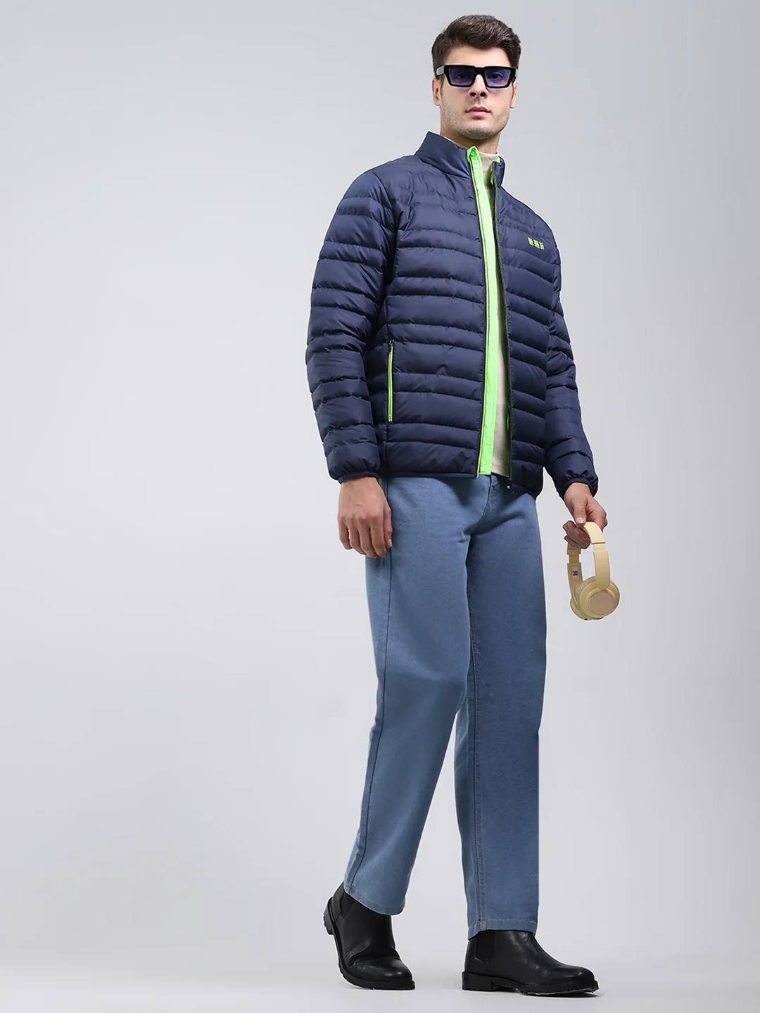 Men Blue Solid Mock Neck Full Sleeve Jacket - Image 6