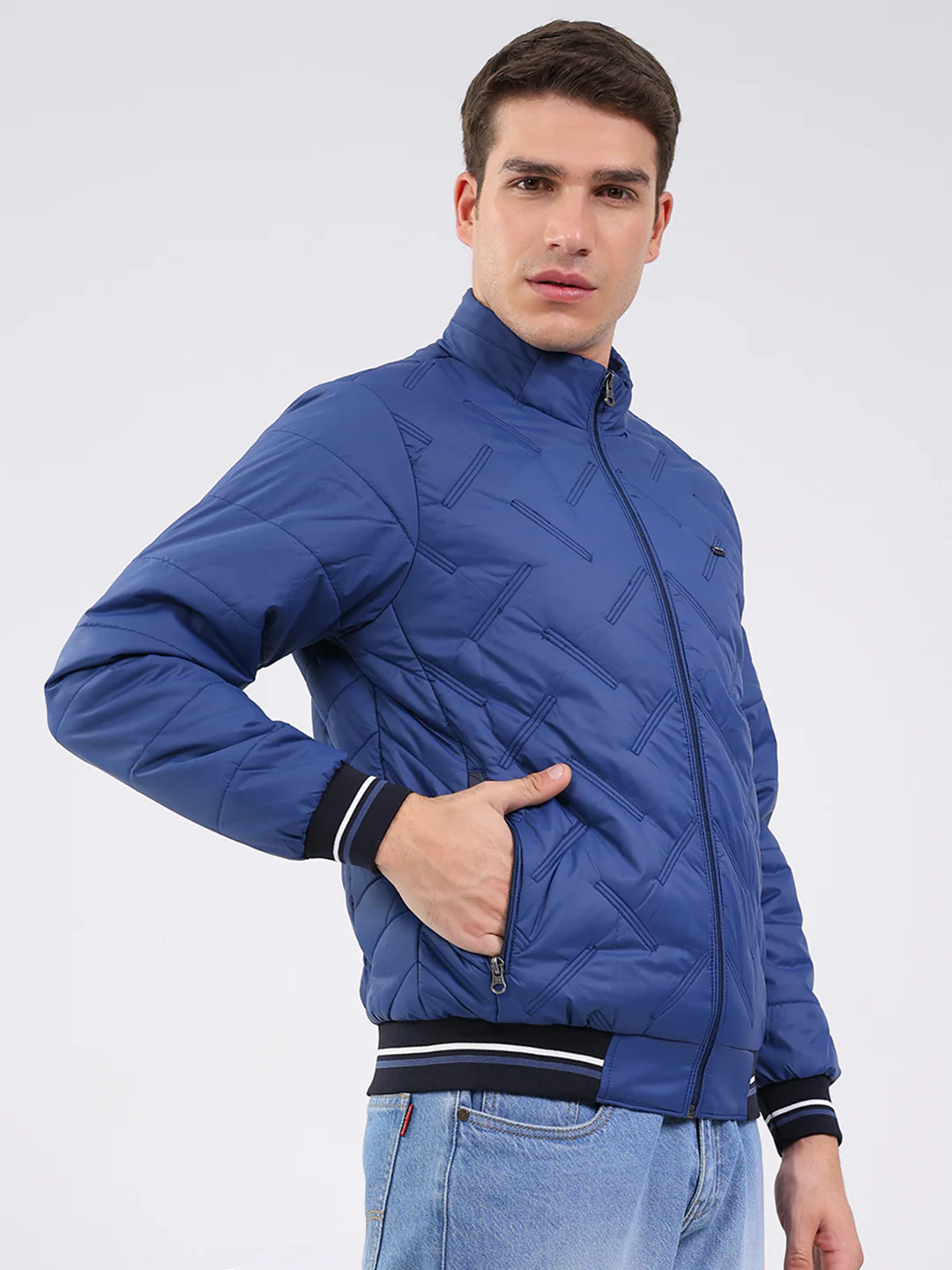 Men Blue Solid Mock Neck Full Sleeve Jacket - Image 4