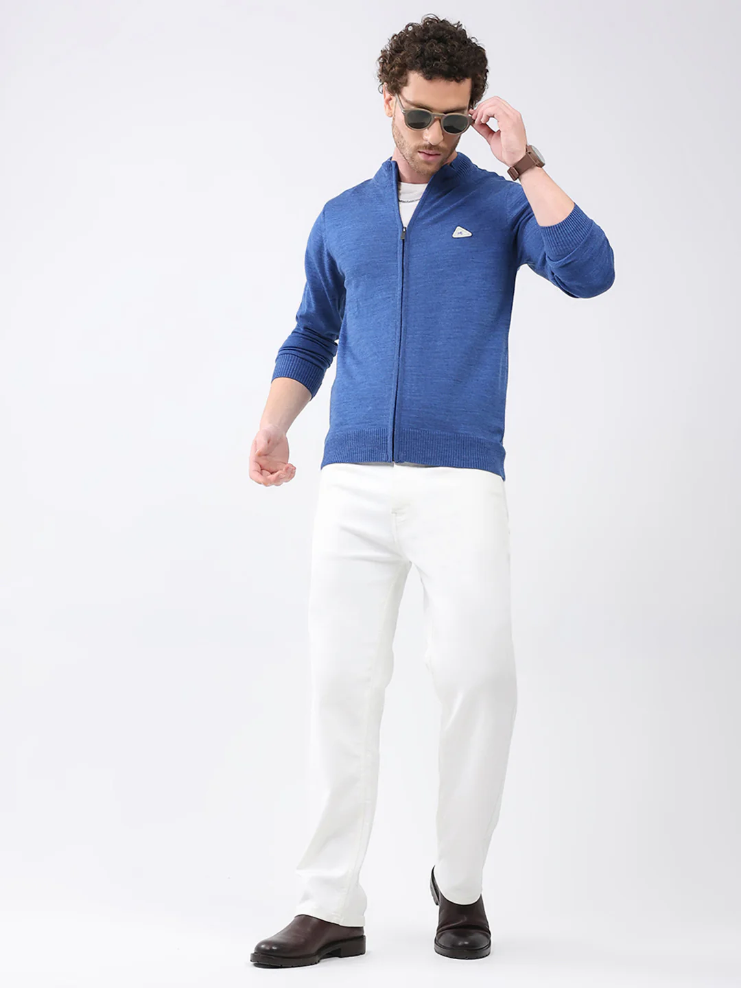 Men Blue Solid Mock Neck Full Sleeve Pullover - Image 2