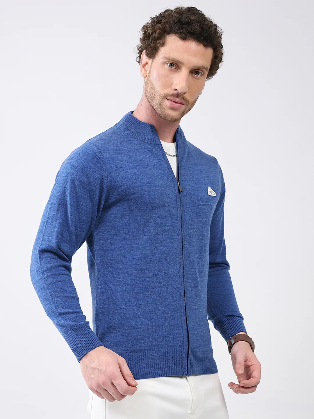 Men Blue Solid Mock Neck Full Sleeve Pullover - Image 4