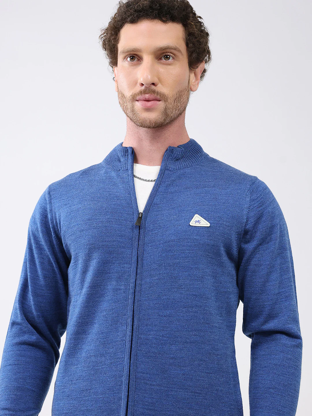 Men Blue Solid Mock Neck Full Sleeve Pullover - Image 6