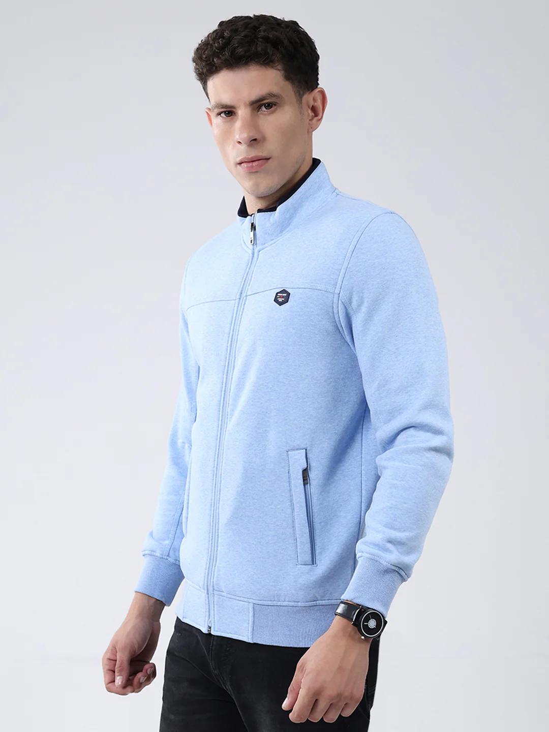 Men Blue Solid Mock Neck Full Sleeve Sweatshirt - Image 3
