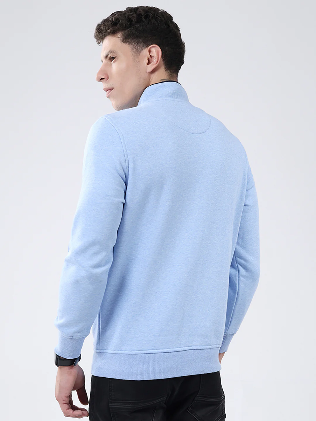 Men Blue Solid Mock Neck Full Sleeve Sweatshirt - Image 5