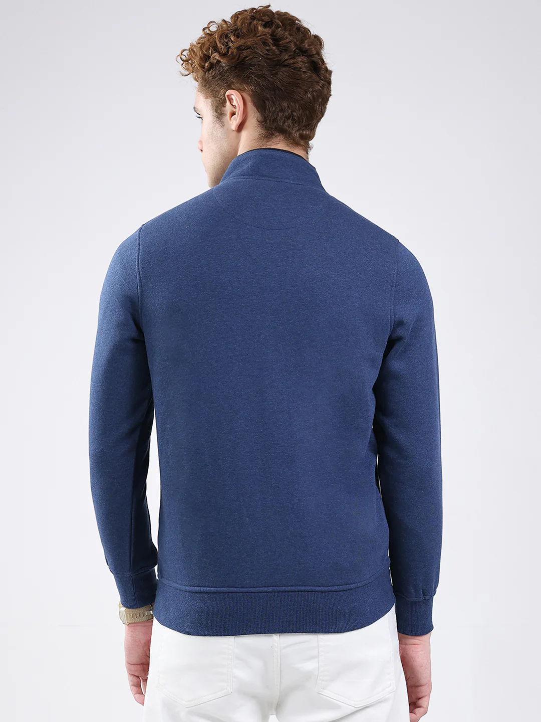 Men Blue Solid Mock Neck Full Sleeve Sweatshirt - Image 5