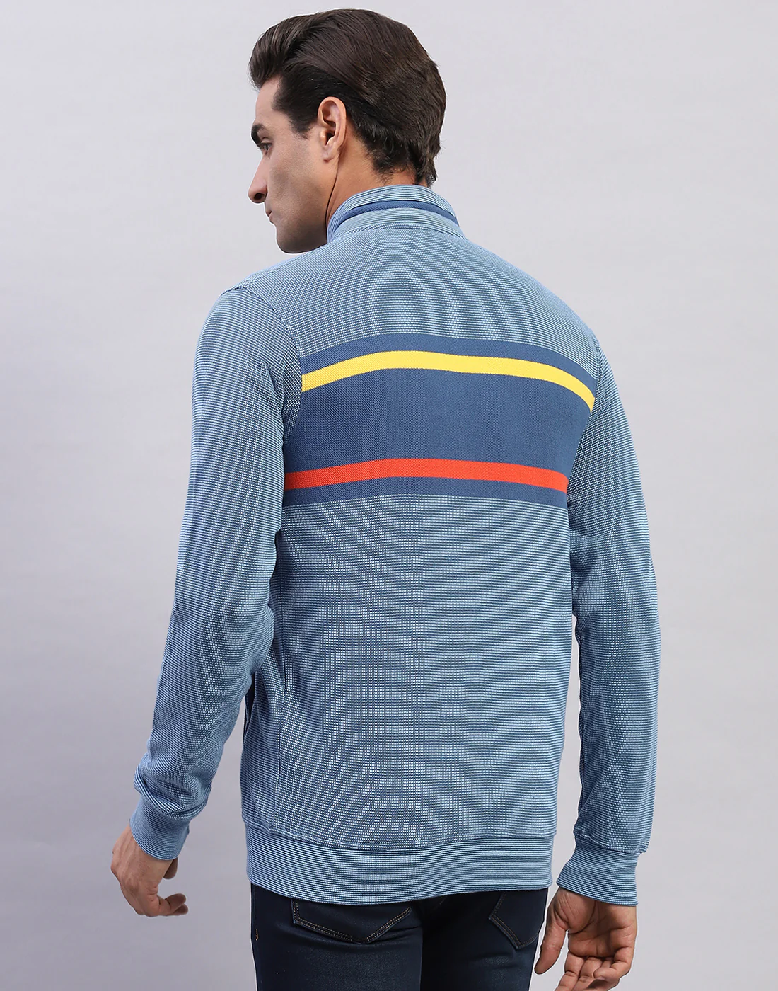 Men Blue Solid Mock Neck Full Sleeve Sweatshirt - Image 5
