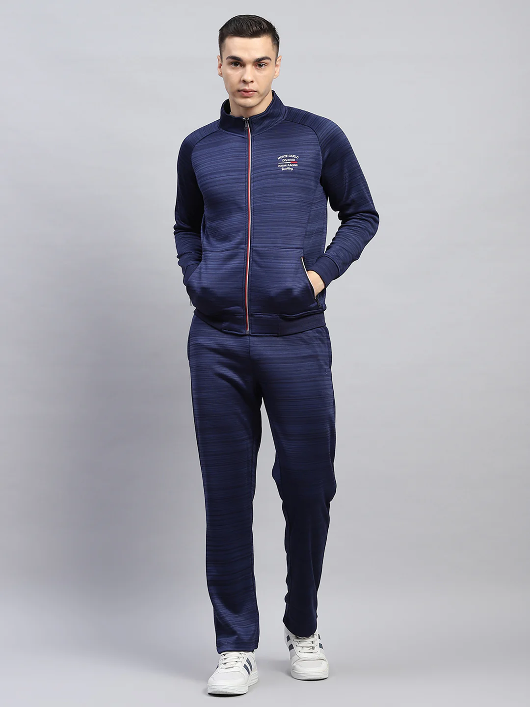 Men Blue Solid Mock Neck Full Sleeve Winter Tracksuit - Image 2