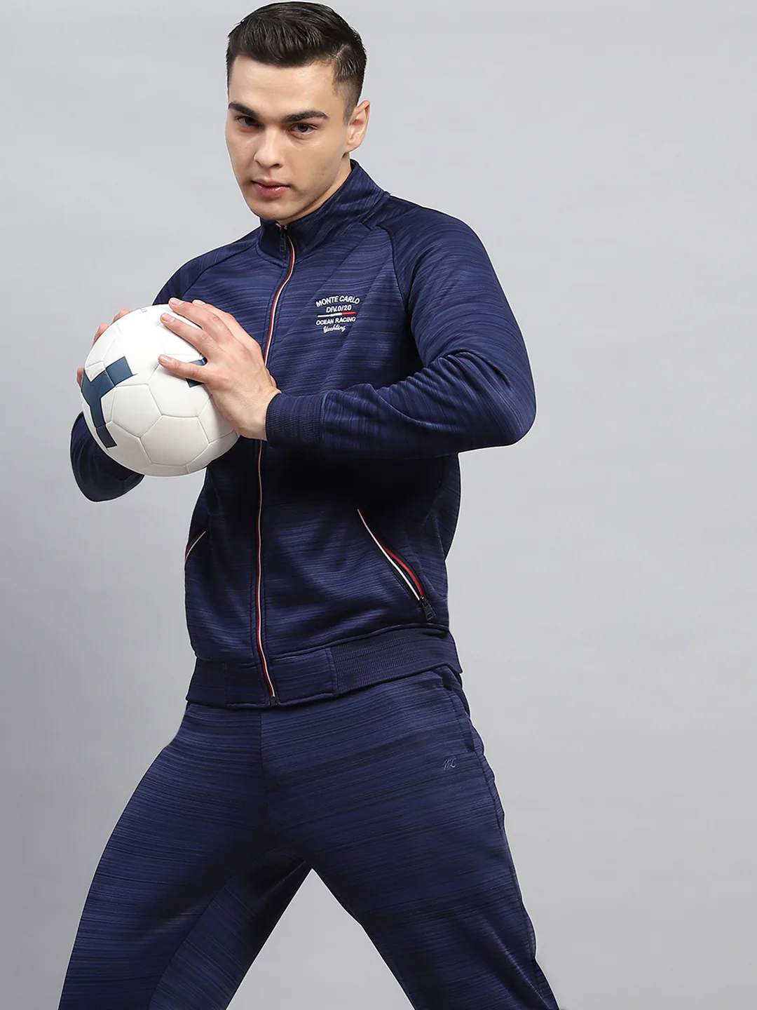 Men Blue Solid Mock Neck Full Sleeve Winter Tracksuit - Image 6