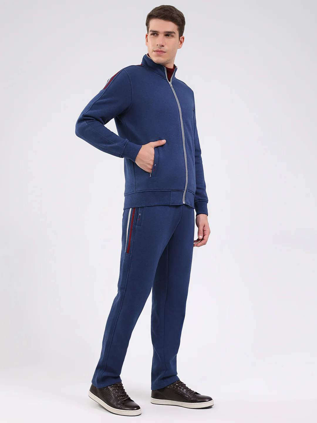 Men Blue Solid Mock Neck Full Sleeve Winter Tracksuit - Image 4