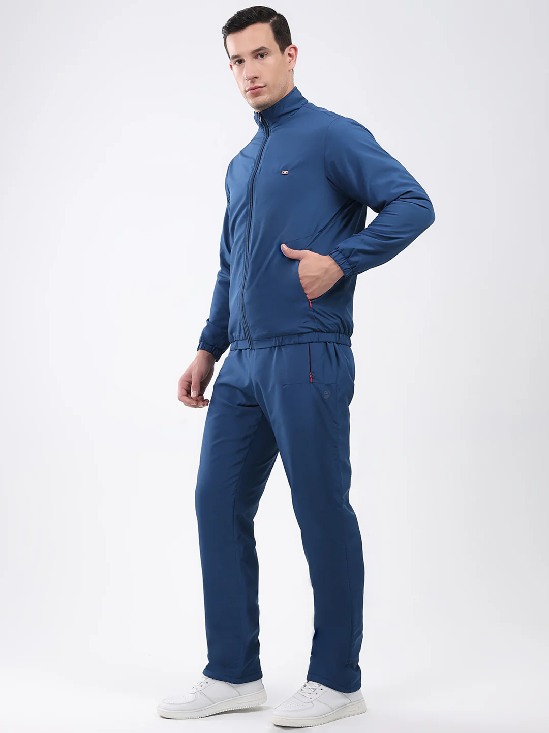 Men Blue Solid Mock Neck Full Sleeve Winter Tracksuit - Image 3