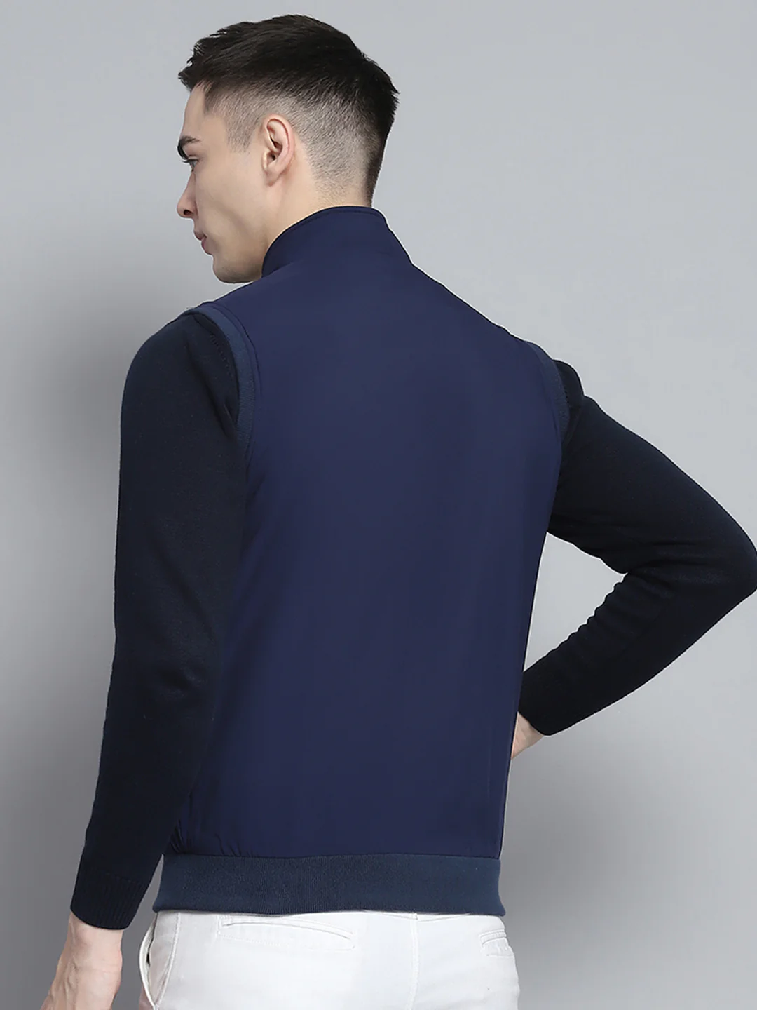 Men Blue Solid Mock Neck Sleeveless Reversible Jacket - Image 9