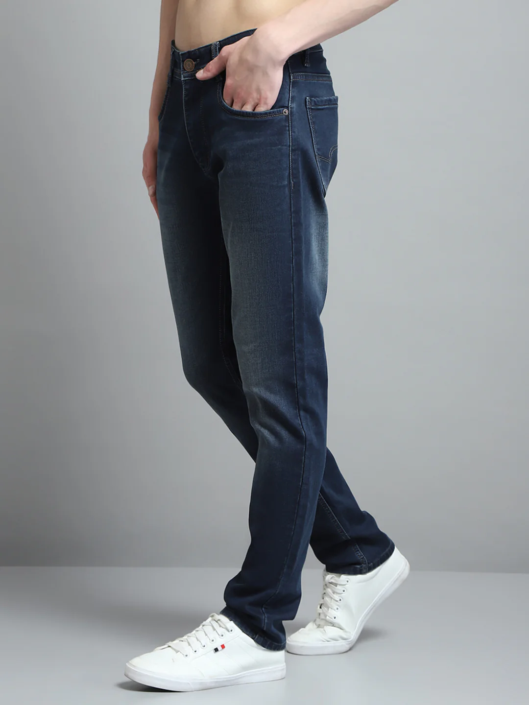 Men Blue Solid Narrow Fit Denim - Image 3