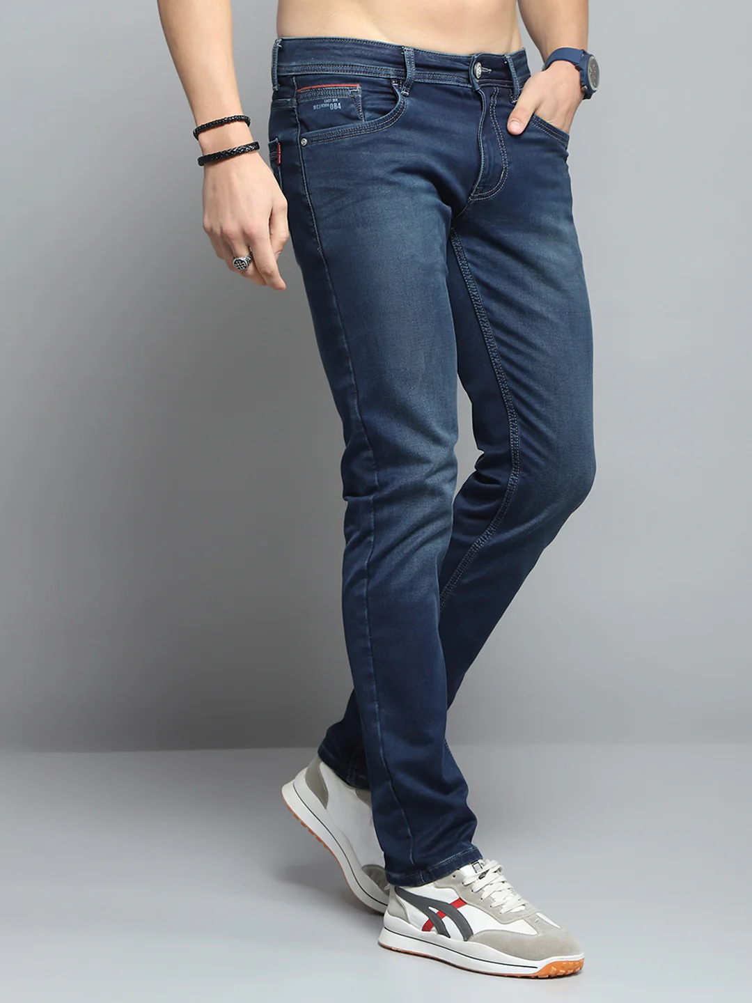 Men Blue Solid Narrow Fit Denim - Image 4