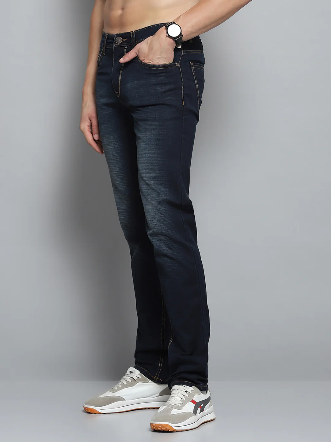 Men Blue Solid Narrow Fit Denim - Image 3