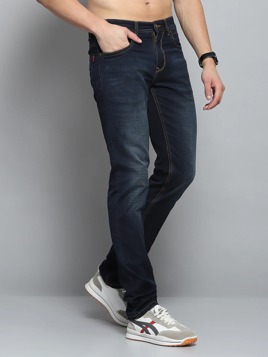 Men Blue Solid Narrow Fit Denim - Image 4