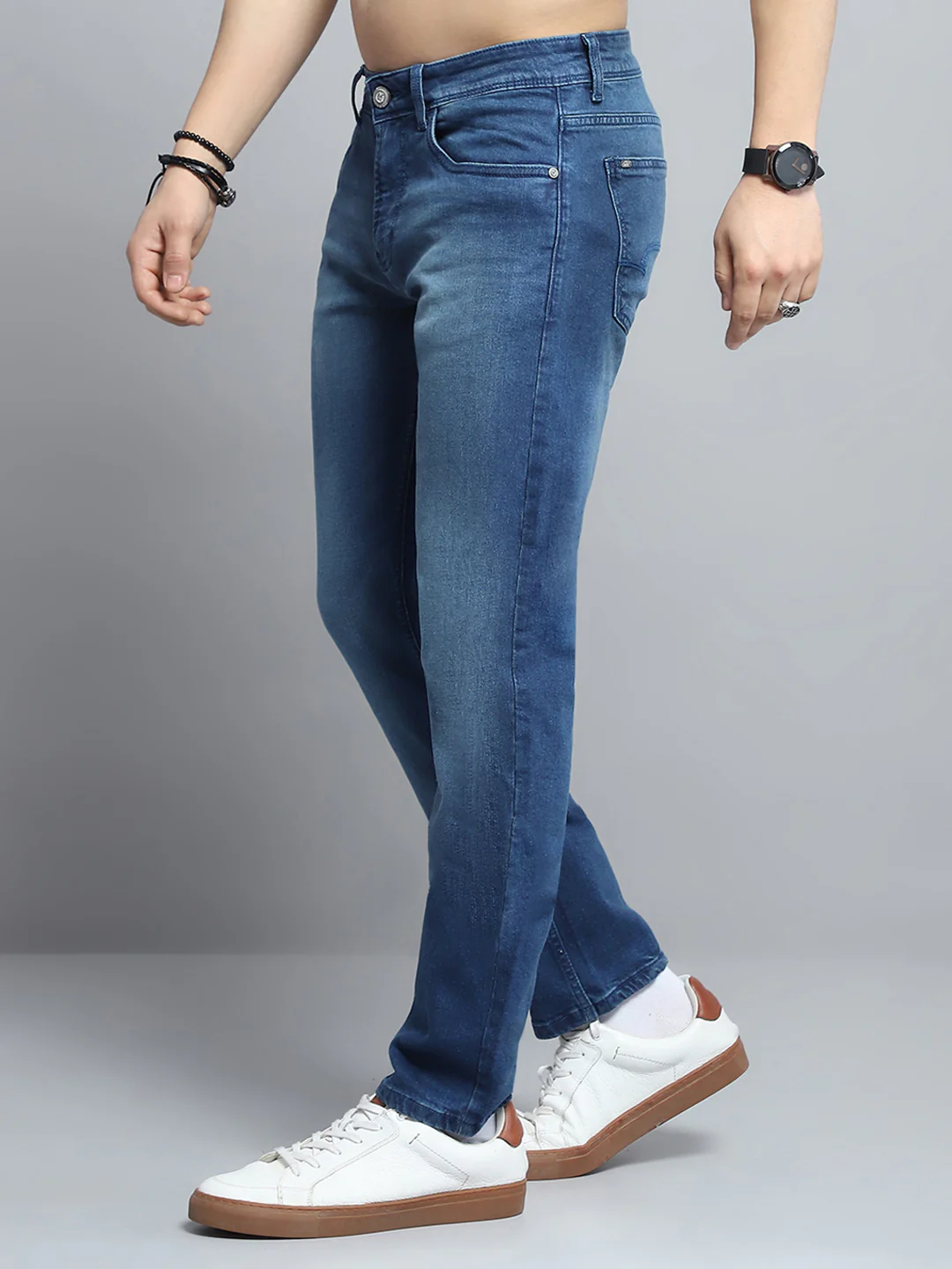 Men Blue Solid Narrow Fit Denim - Image 3