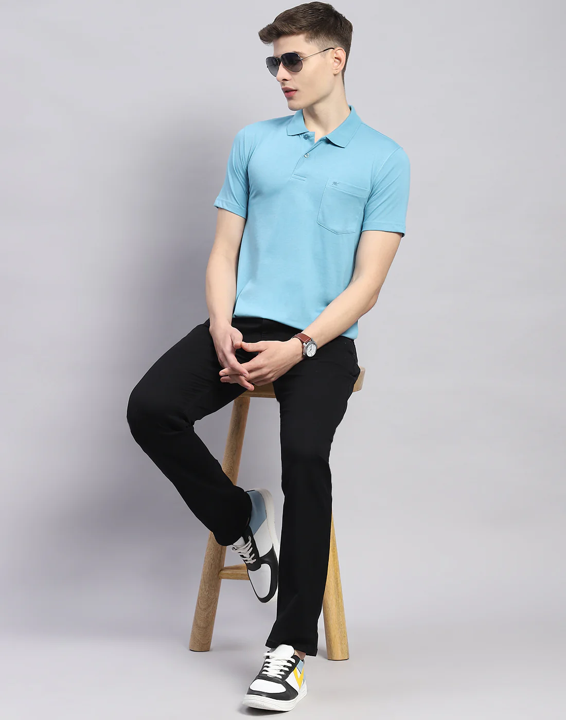 Men Blue Solid Polo Collar Half Sleeve T-Shirt - Image 2