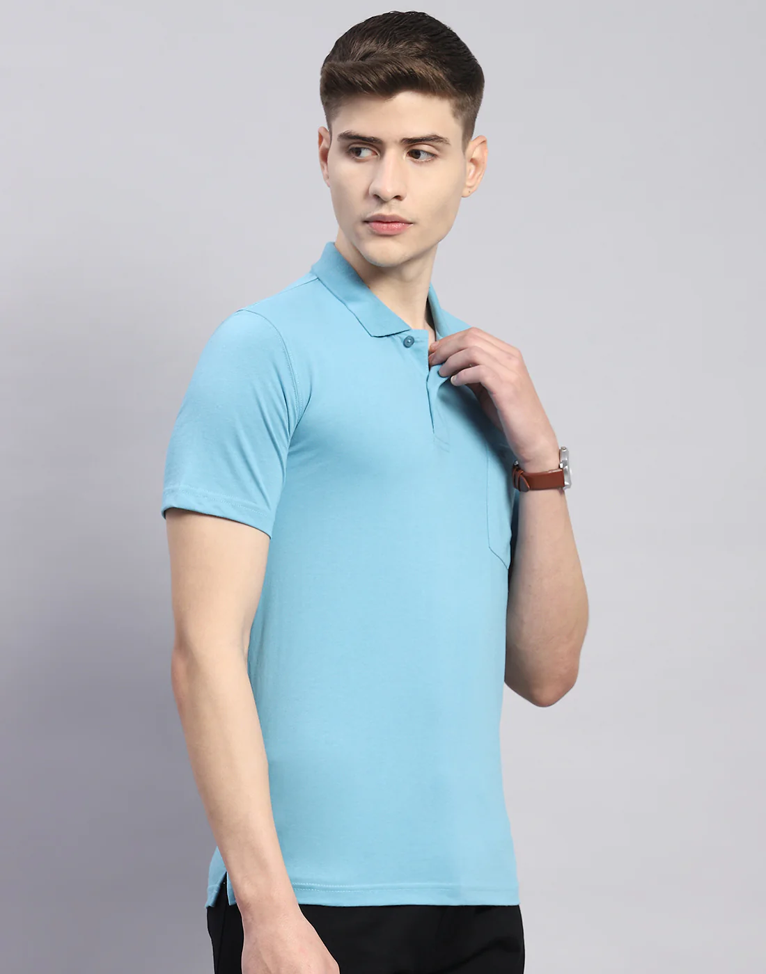Men Blue Solid Polo Collar Half Sleeve T-Shirt - Image 4