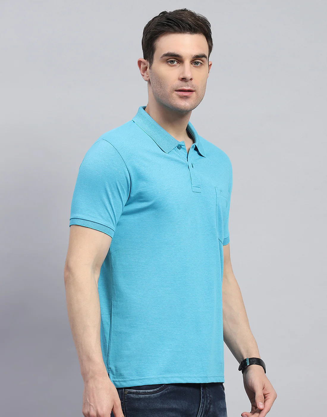 Men Blue Solid Polo Collar Half Sleeve T-Shirt - Image 4