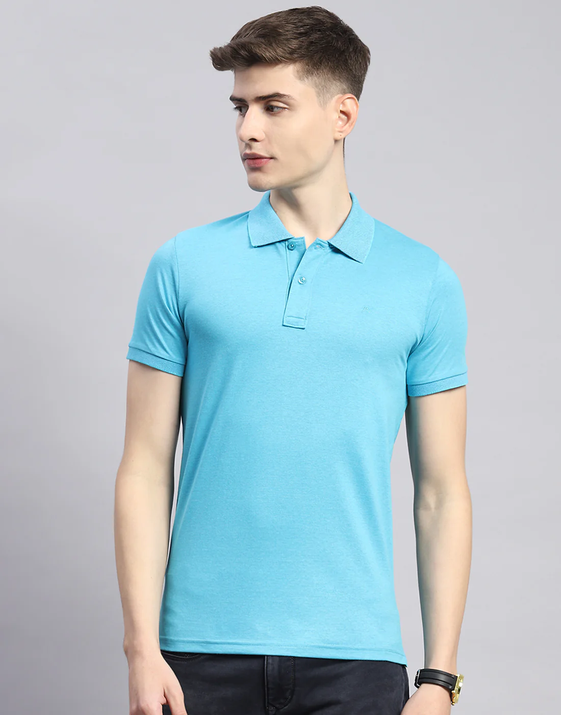 Men Blue Solid Polo Collar Half Sleeve T-Shirt - Image 3