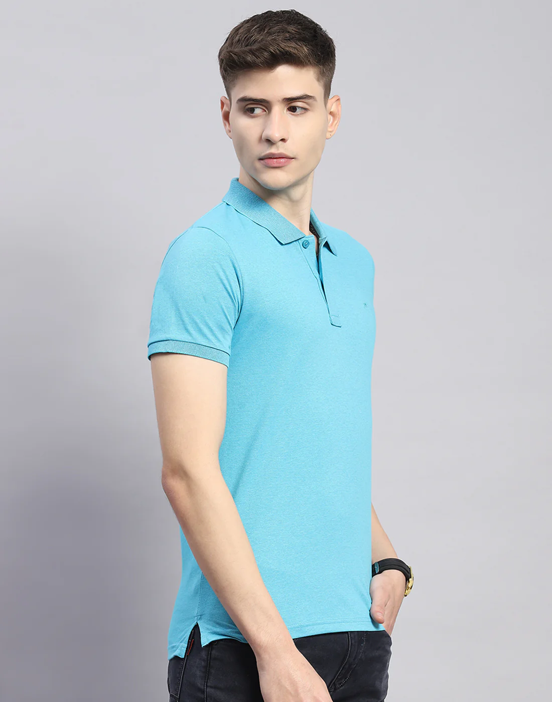 Men Blue Solid Polo Collar Half Sleeve T-Shirt - Image 5