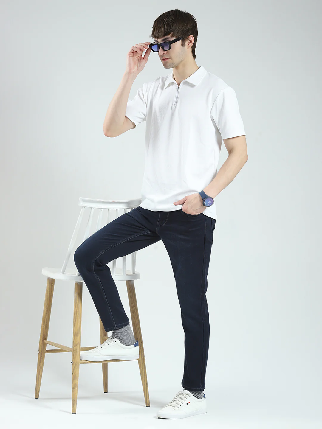 Men Blue Solid Ankle Length Denim - Image 2