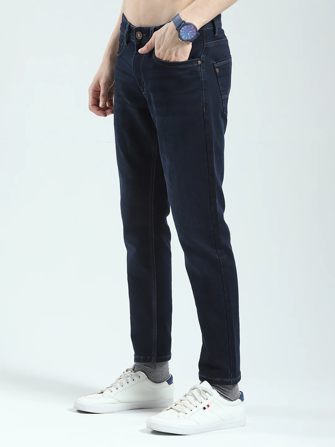Men Blue Solid Ankle Length Denim - Image 3