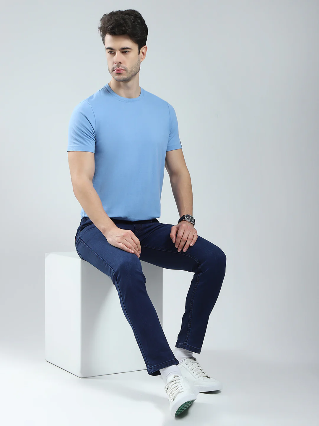 Men Blue Solid Ankle Length Denim - Image 2