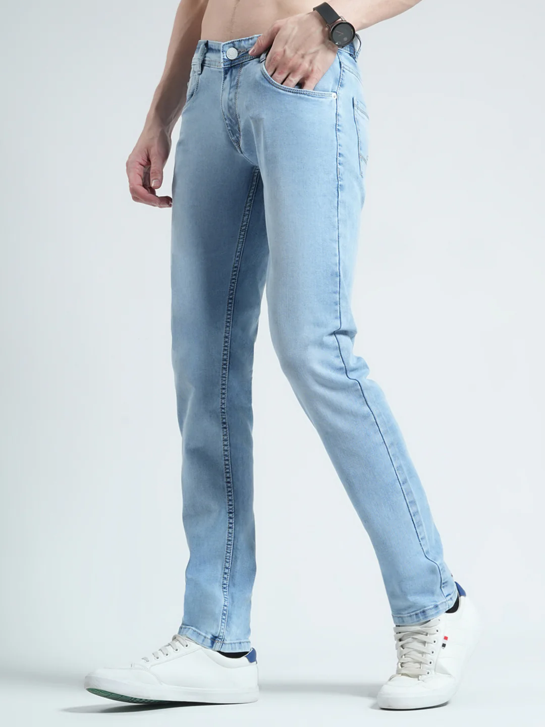 Men Blue Solid Narrow Fit Denim - Image 3