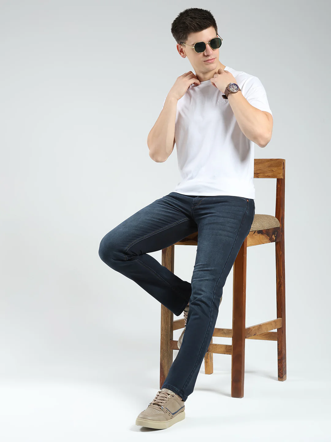 Men Blue Solid Narrow Fit Denim - Image 2