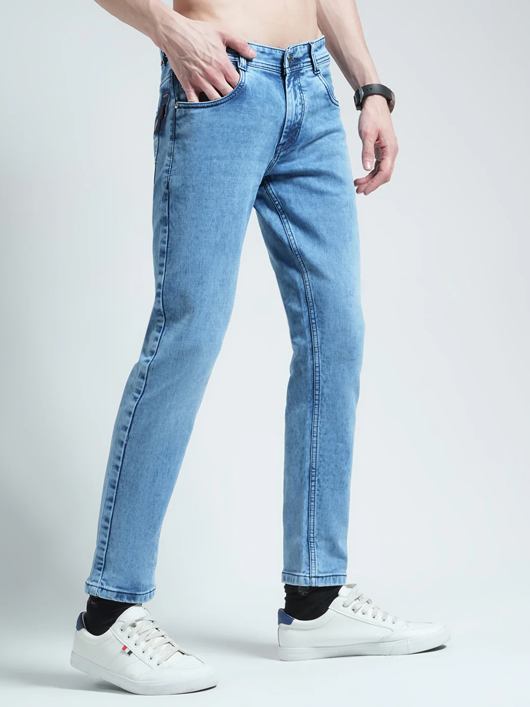 Men Blue Solid Ankle Length Denim - Image 4