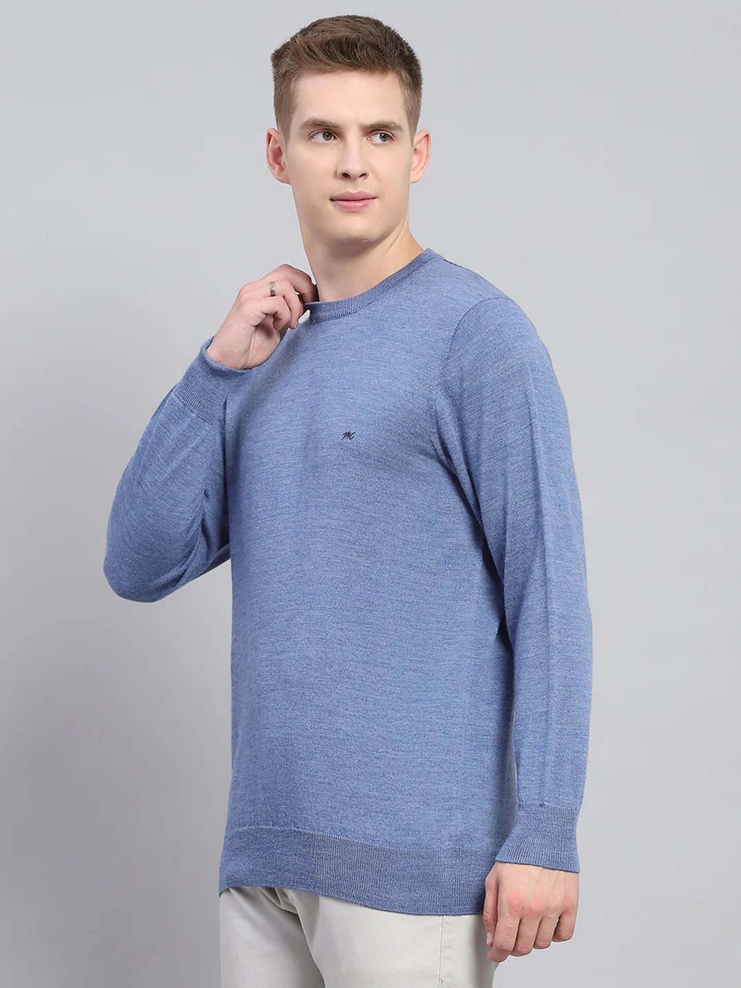 Men Blue Solid Round Neck Full Sleeve Pullover - Image 3