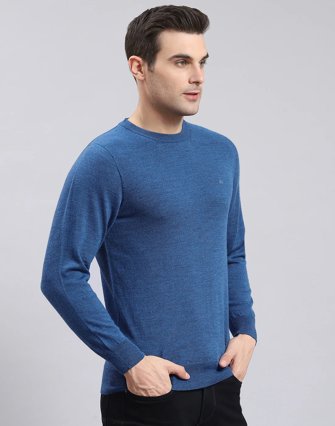 Men Blue Solid Round Neck Full Sleeve Pullover - Image 4