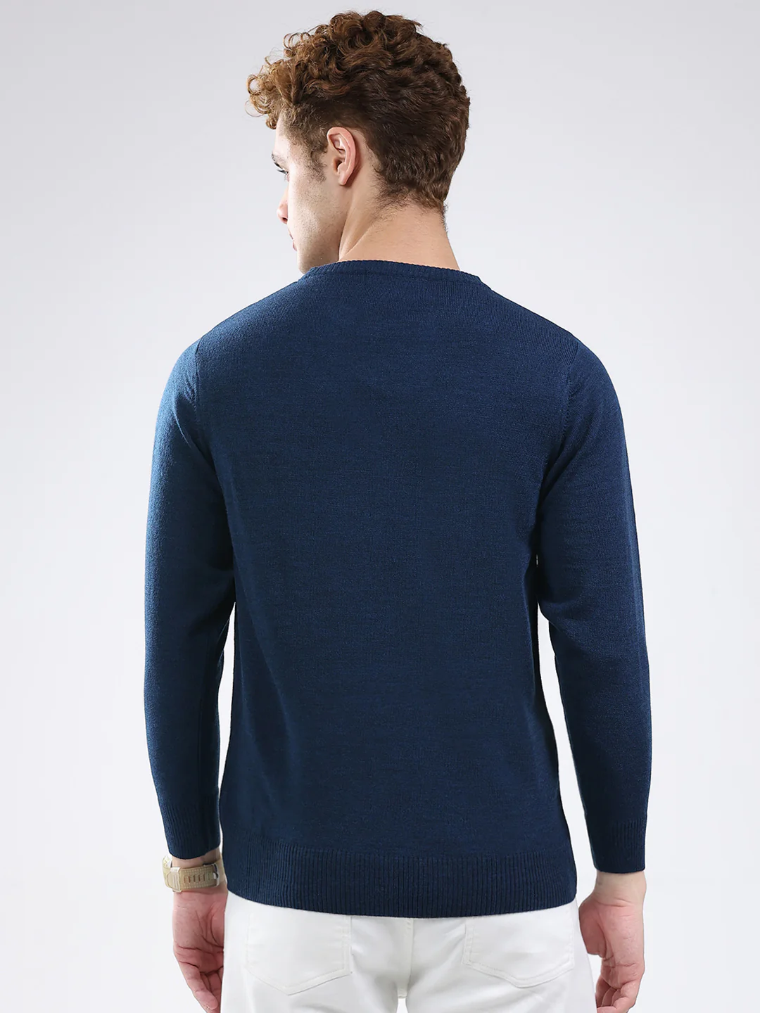 Men Blue Solid Round Neck Full Sleeve Pullover - Image 5