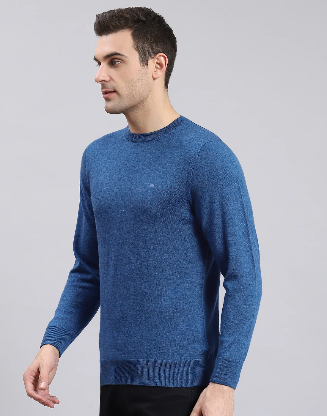 Men Blue Solid Round Neck Full Sleeve Sweater - Image 3