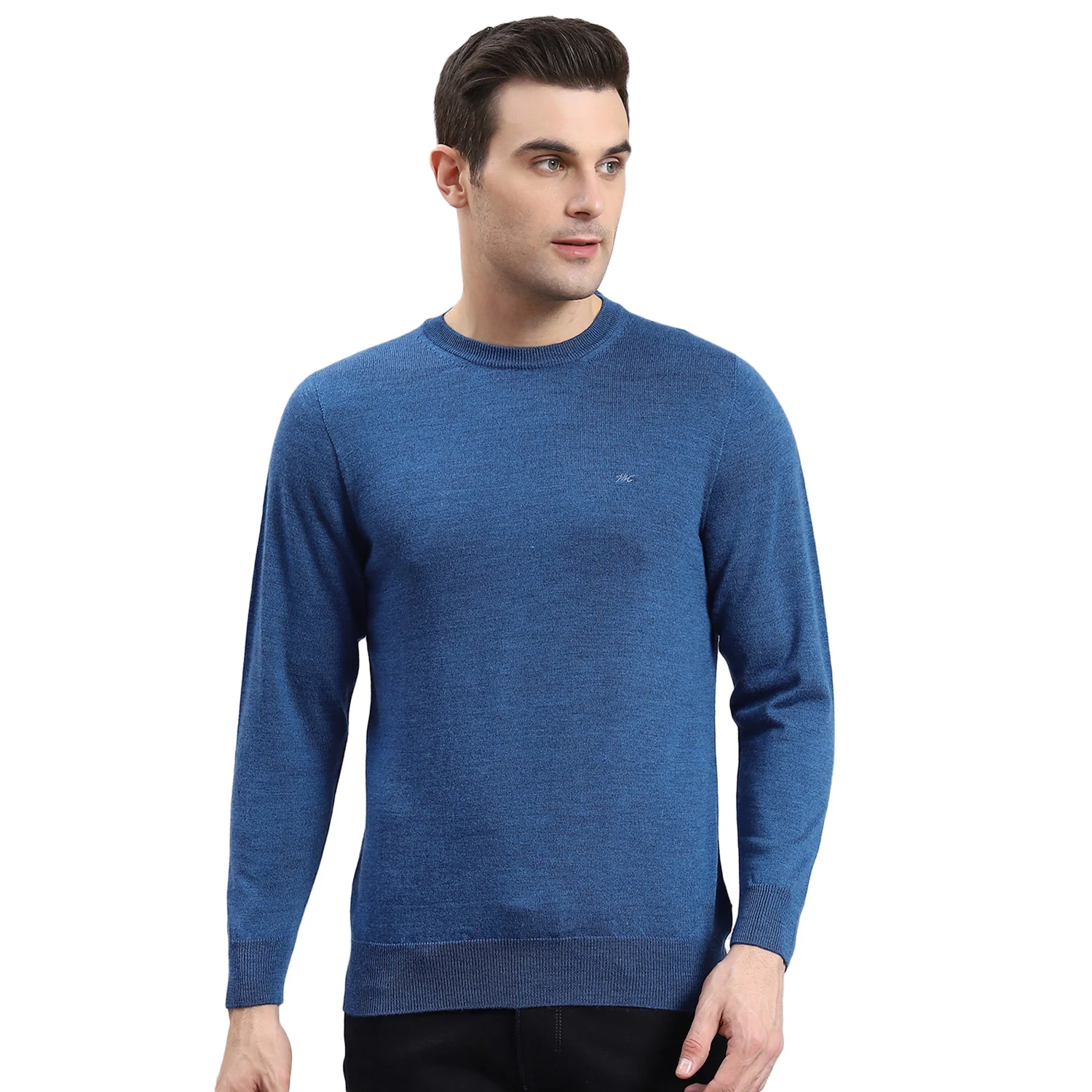 Men Blue Solid Round Neck Full Sleeve Sweater - Image 5
