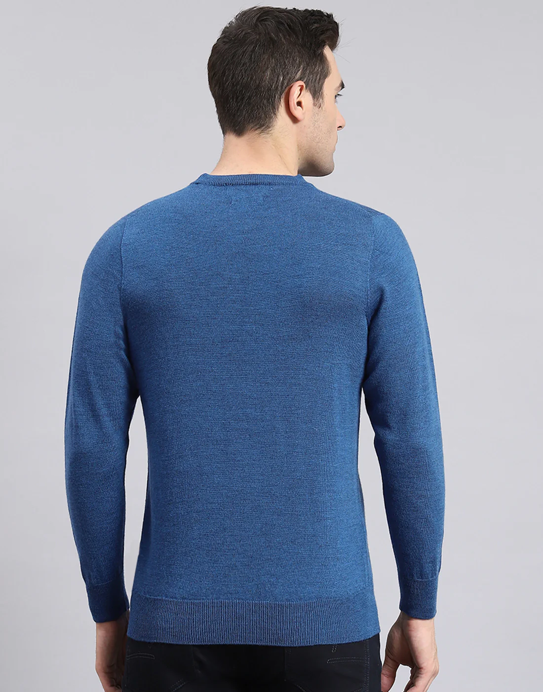 Men Blue Solid Round Neck Full Sleeve Sweater - Image 6