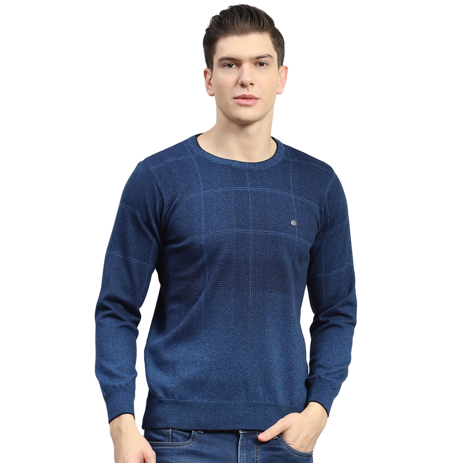 Men Blue Solid Round Neck Full Sleeve Sweater - Image 4