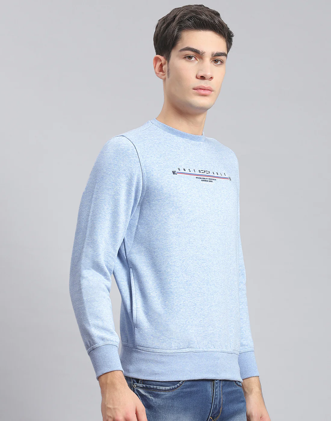 Men Blue Solid Round Neck Full Sleeve Sweatshirt - Image 4