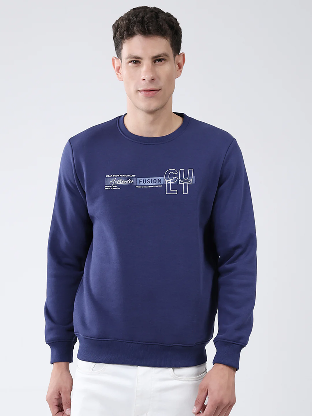 Men Blue Solid Round Neck Full Sleeve Sweatshirt