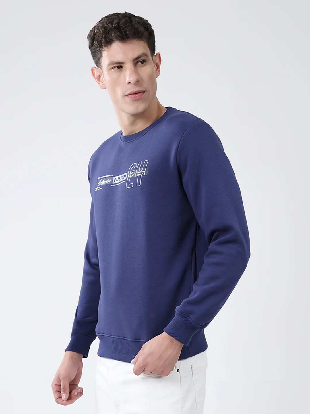 Men Blue Solid Round Neck Full Sleeve Sweatshirt - Image 3